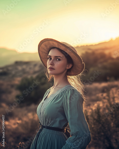 Young brunette woman in vintage victorian wardrobe in arid hilly landscape. Wearing blue dress and brown hat. Golden hour lighting.