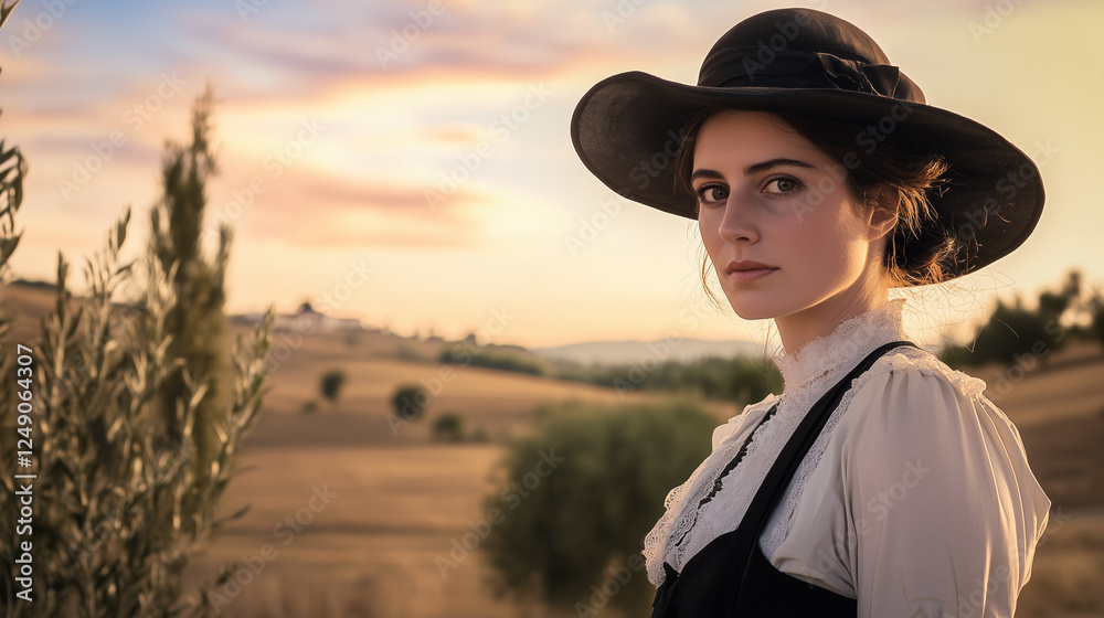 Brunette woman in vintage victorian wardrobe in arid landscape. Wearing white shirt with black dress and black hat. Sunset lighting.