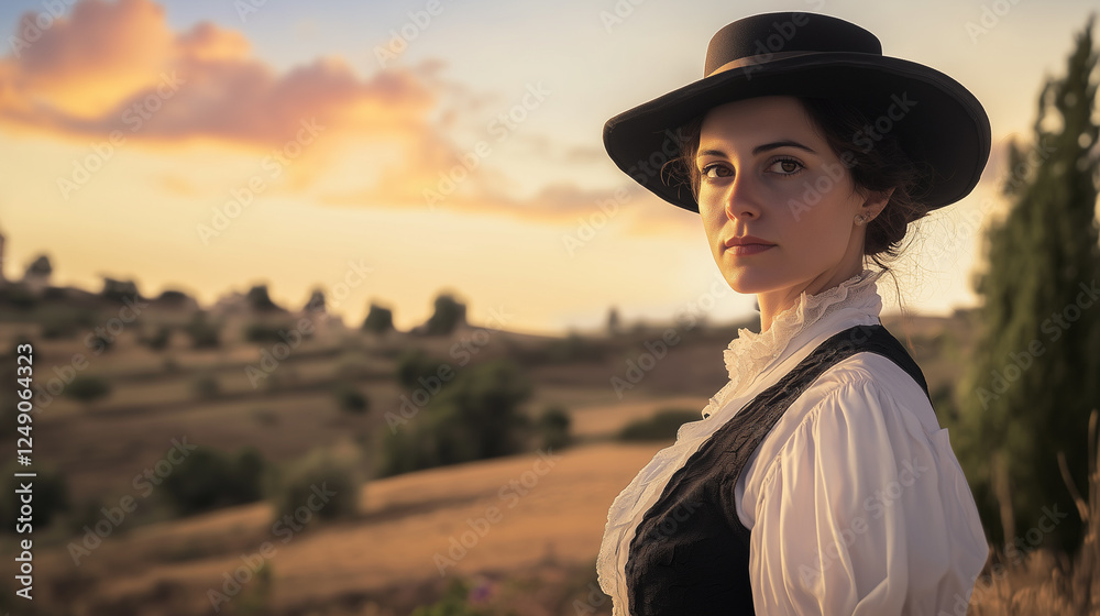Brunette woman in vintage victorian wardrobe in arid landscape. Wearing white shirt with black dress and black hat. Sunset lighting.
