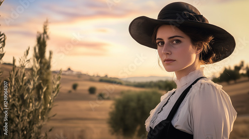 Obraz na płótnie Brunette woman in vintage victorian wardrobe in arid landscape. Wearing white shirt with black dress and black hat. Sunset lighting. w salonie