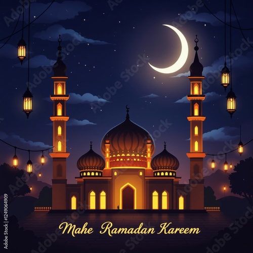 Mosque Under Crescent Moon at Night