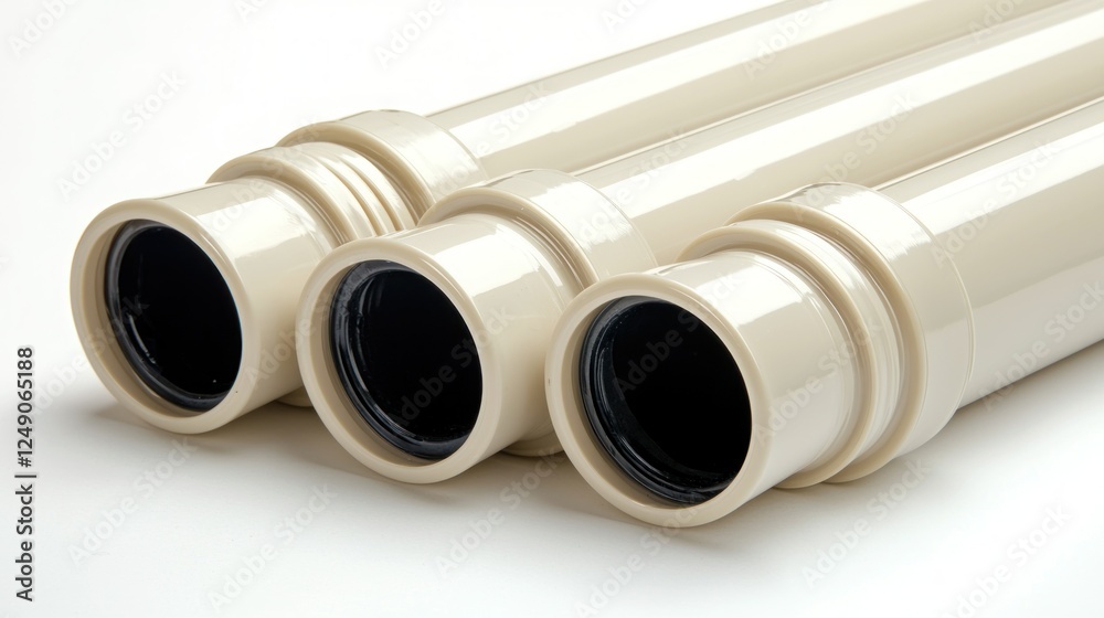 Fototapeta premium Close-up of three beige PVC pipes with couplings on white background