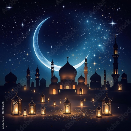Lanterns, Mosque and Crescent Moon at Night