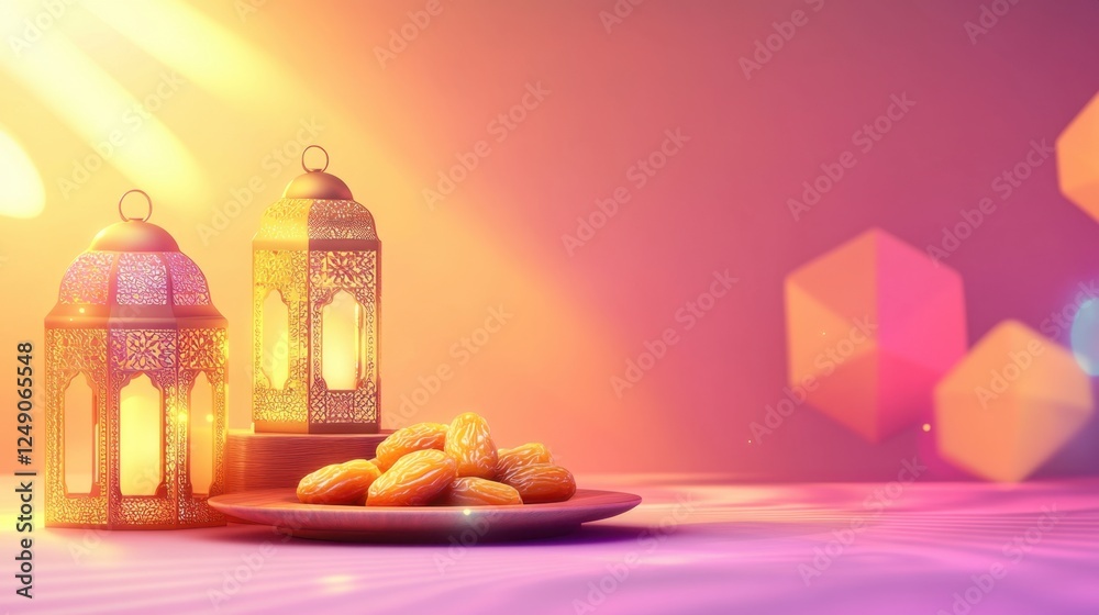 Fototapeta premium Ramadan Festive Still Life: Golden Lanterns Dates and Warm Lights