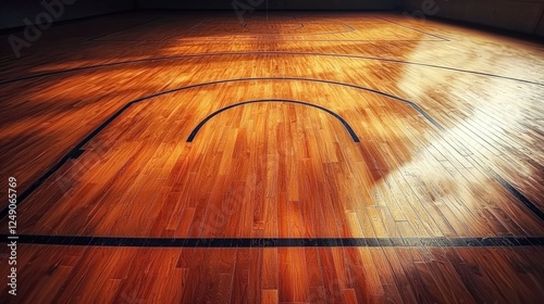 Basketball court floor with lines and hardwood texture