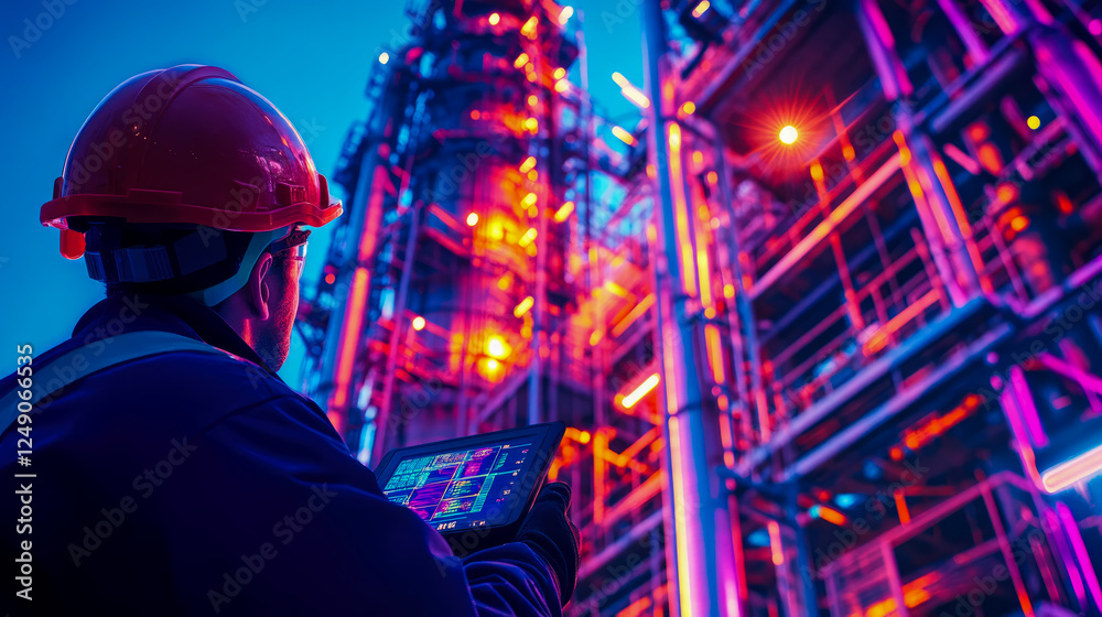 Fototapeta premium Overseeing Tech: Controller Stands Before Towering Structure