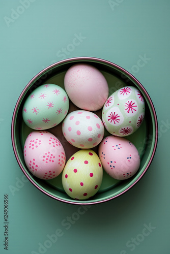 A top-down view of a tin filled with beautifully painted Easter eggs featuring pink and green designs, polka dots, and pastel hues