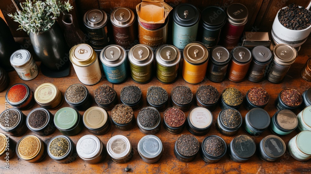 A tea lover organizing a collection of tea tins and accessories A tea lover organizing a collection of tea tins and accessories