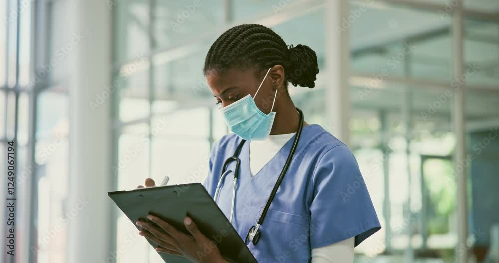 African woman, doctor and checklist in hospital for writing, healthcare and ppe face mask with thinking. Medic, nurse and clipboard for schedule, report or documents for medical history in clinic African woman, doctor and checklist in hospital for writing, healthcare and ppe face mask with thinking. Medic, nurse and clipboard for schedule, report or documents for medical history in clinic