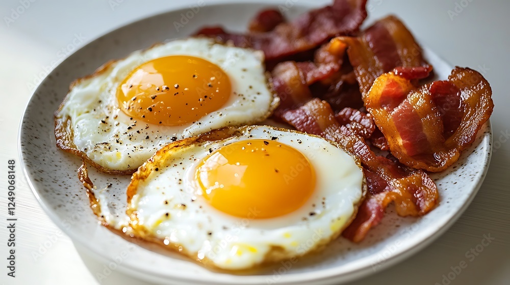 A fresh plate of fried eggs sunny side up, with crispy bacon on the side, set on a white background, A fresh plate of fried eggs sunny side up, with crispy bacon on the side, set on a white background,