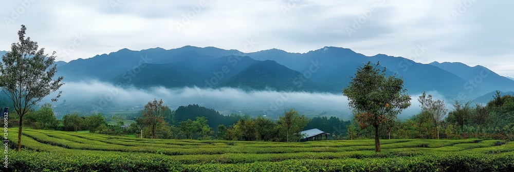 A tea plantation with misty mountains in the background A tea plantation with misty mountains in the background