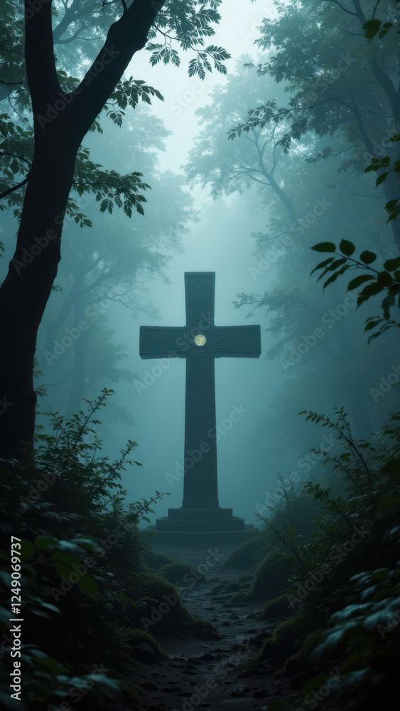 Christian cross in misty forest at night. Christian cross in misty forest at night.