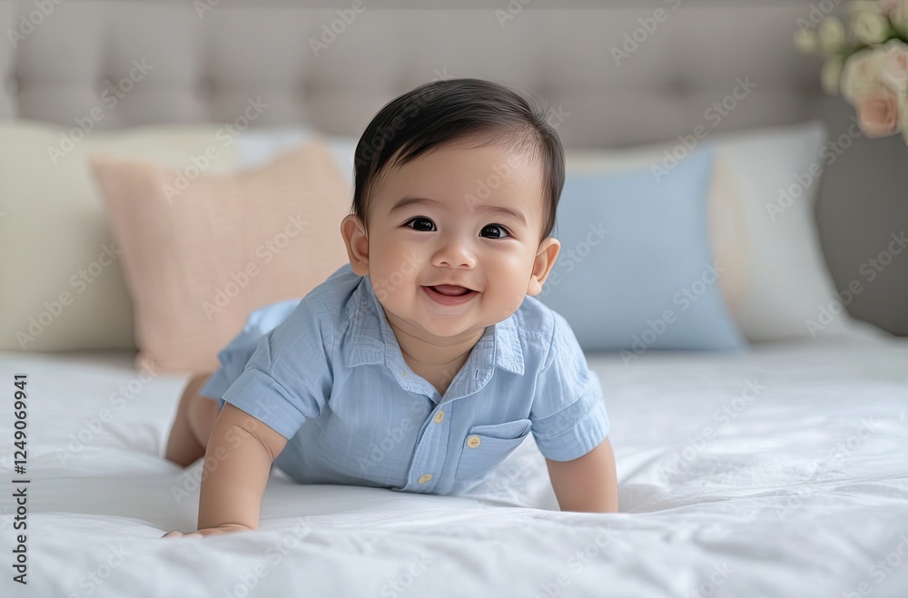 A cute baby in a blue shirt is crawling on the white bed, with bright eyes and a happy smile A cute baby in a blue shirt is crawling on the white bed, with bright eyes and a happy smile