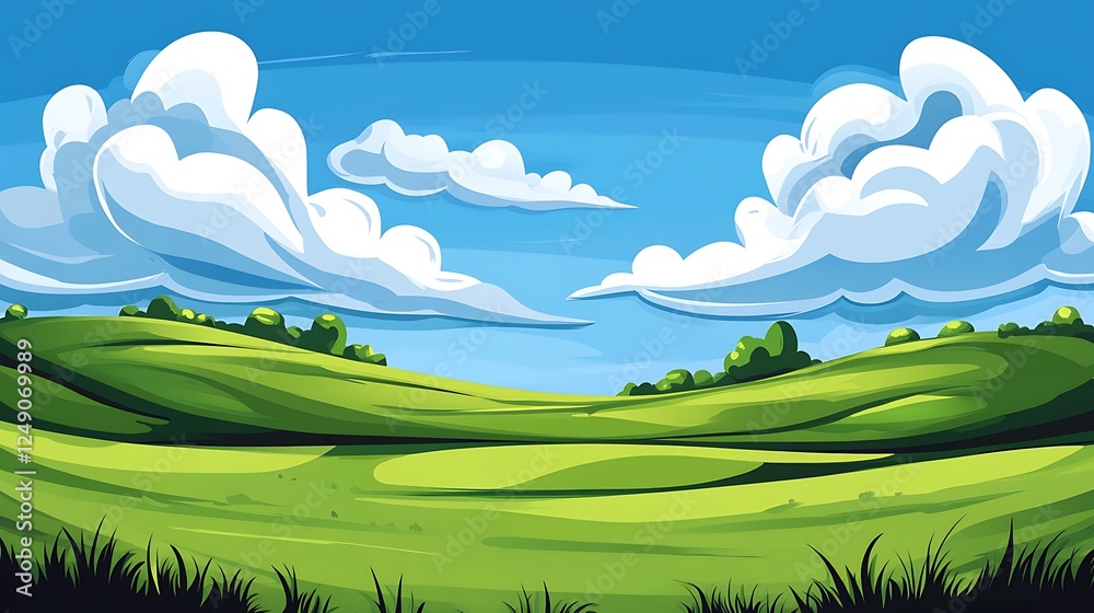 Vibrant Summer Day: Digital Painting of Rolling Green Hills and Fluffy Clouds AI Generated Vibrant Summer Day: Digital Painting of Rolling Green Hills and Fluffy Clouds AI Generated