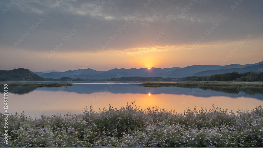 sunrise over lake with clean water with podmo flowers sunrise over lake with clean water with podmo flowers