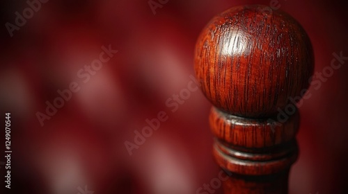 Close-up polished wood ball finial on red upholstered headboard photo