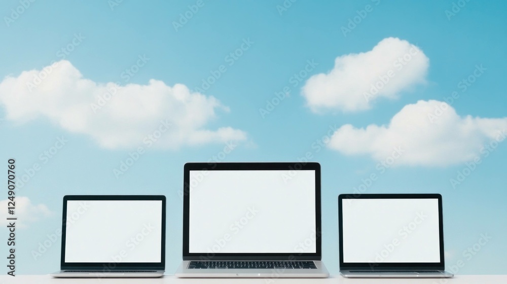 Three modern laptops with blank screens under a bright blue sky featuring fluffy white clouds, symbolizing technology and digital solutions for various applications Three modern laptops with blank screens under a bright blue sky featuring fluffy white clouds, symbolizing technology and digital solutions for various applications