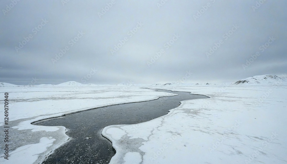 Snowy Landscape with River and Distant Mountains Snowy Landscape with River and Distant Mountains