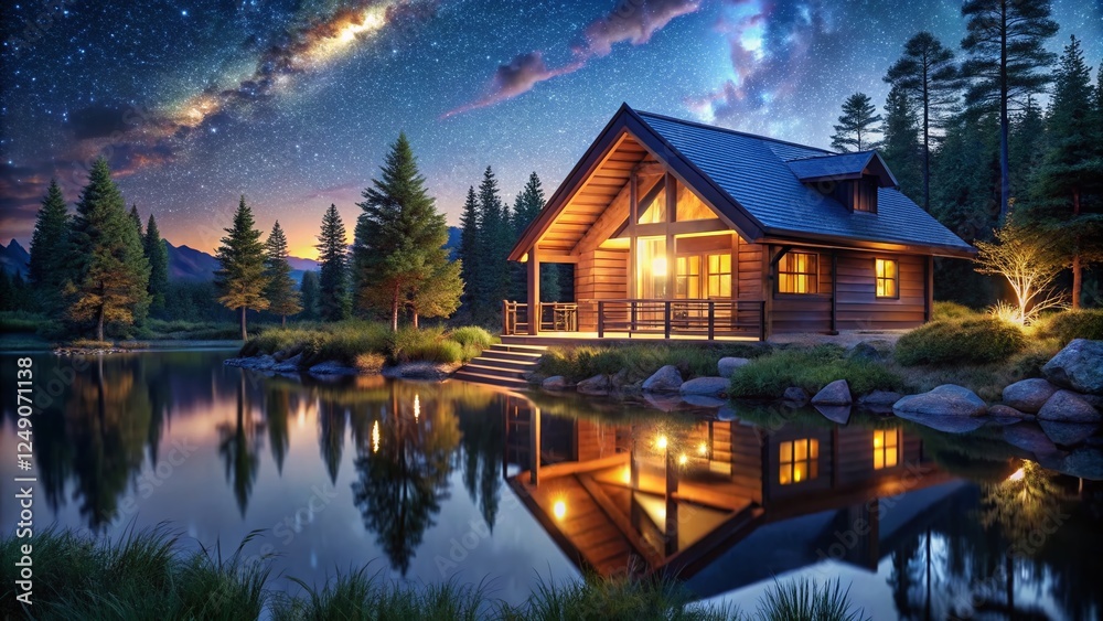 Fototapeta premium Lakeside Cabin Night Photography: Illuminated Cozy Retreat Under Starry Sky