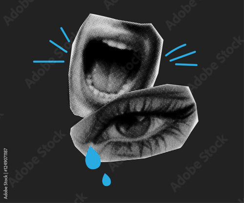 Crying eye with tears and shouting mouth in halftone style,collage design elements in trendy dotted pop art style