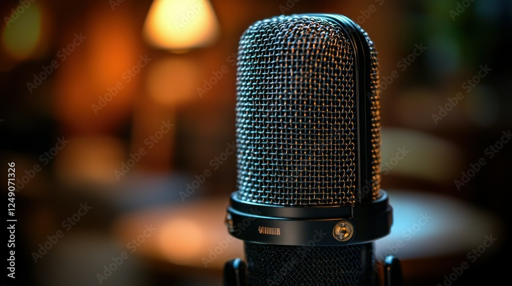 Close-up studio microphone in warm-lit room Close-up studio microphone in warm-lit room