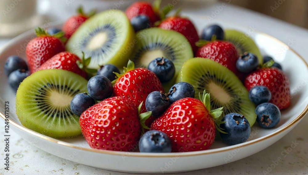 Obraz premium Fresh Strawberries and Kiwi Slices on Table