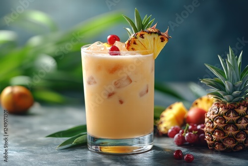 Pina colada cocktail served in a pineapple glass amidst tropical decor and fruits