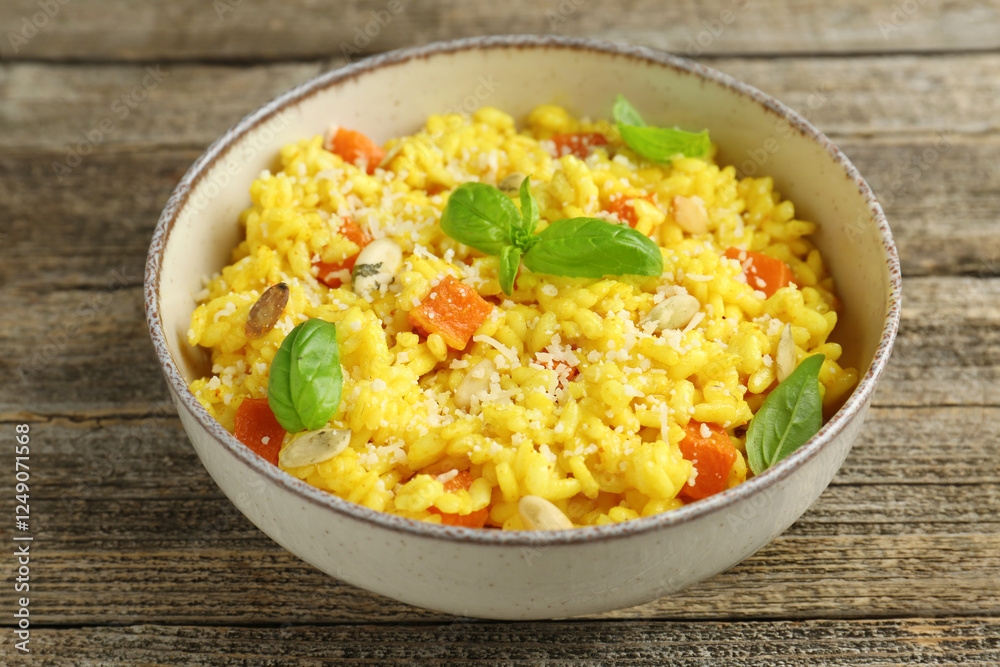 Delicious pumpkin risotto in bowl on wooden table, closeup Delicious pumpkin risotto in bowl on wooden table, closeup