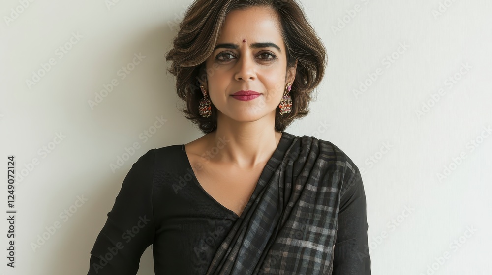 Portrait of a woman in a black top and patterned shawl, against a plain white background. Natural lighting highlights her facial features and curly Portrait of a woman in a black top and patterned shawl, against a plain white background. Natural lighting highlights her facial features and curly