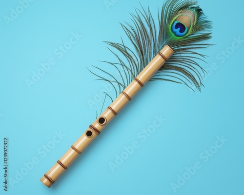 Bamboo flute rests on blue background with peacock feather photo