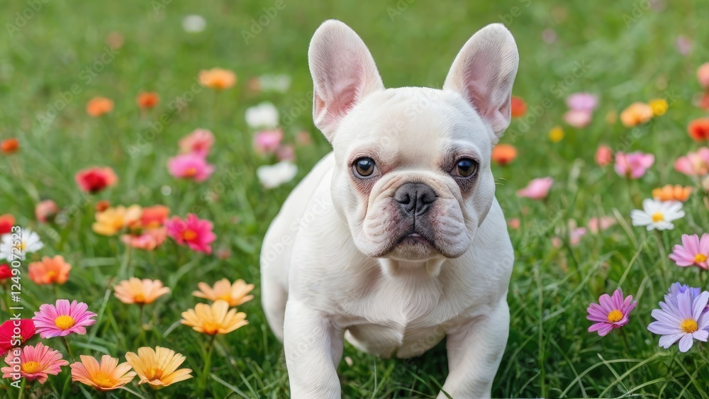 White french bulldog in flower field White french bulldog in flower field