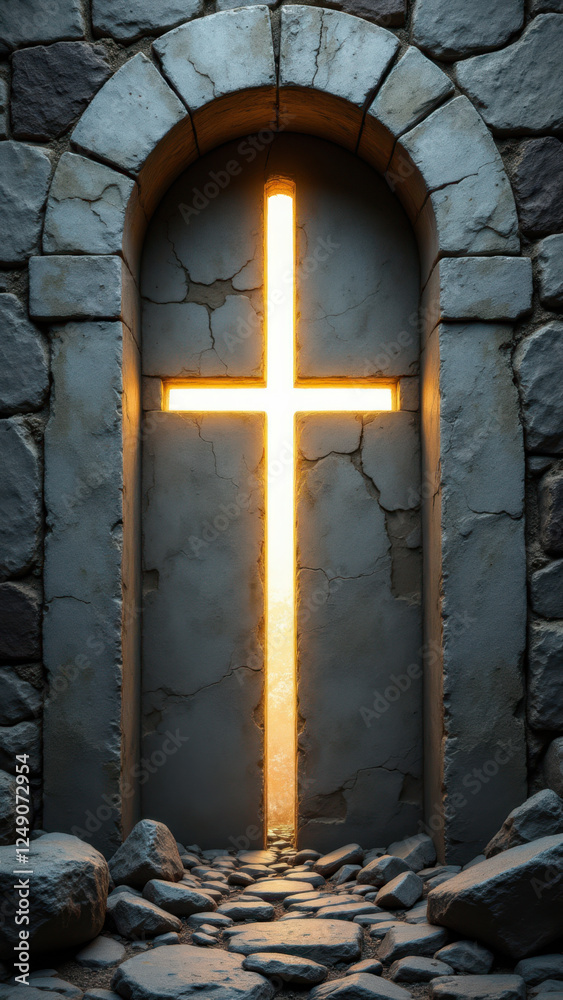 Naklejka premium The image depicts a stone archway with a bright light emanating from the center, forming a cross shape against the darkness outside the frame. This creates an atmosphere of mystery and religion