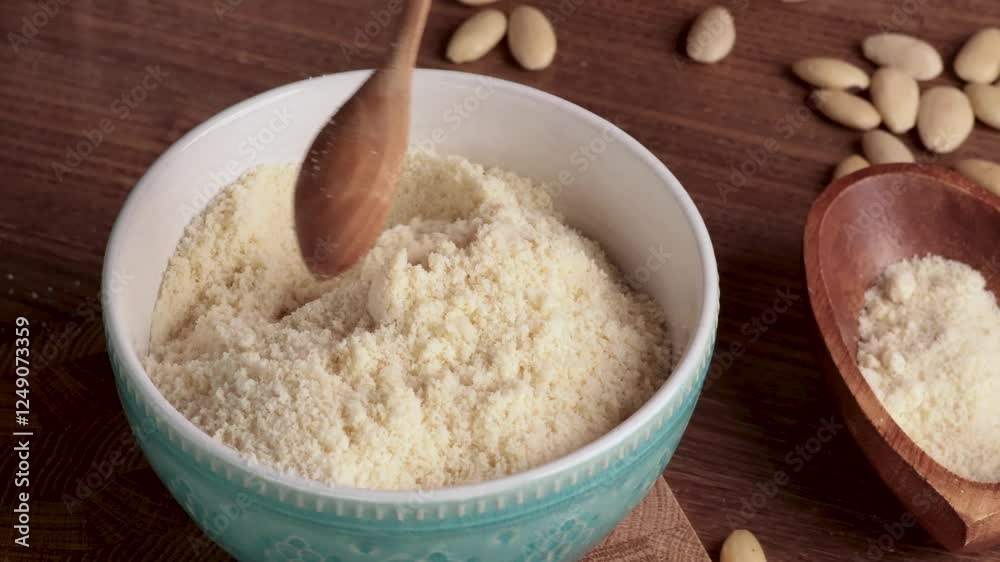 Anonymous stirring almond flour in bowl. Healthy food and products. Organic ingredients and vegan nutrition. Anonymous stirring almond flour in bowl. Healthy food and products. Organic ingredients and vegan nutrition.