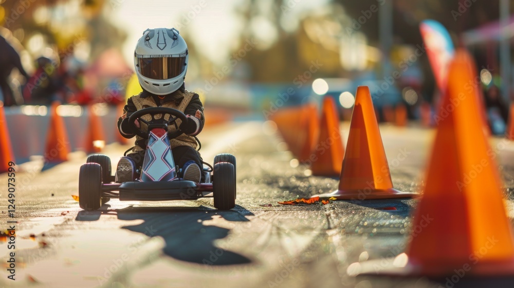Fototapeta premium A young child in a helmet navigates a go kart around orange cones in an outdoor racing course filled with colorful autumn scenery, under the warm sun.
