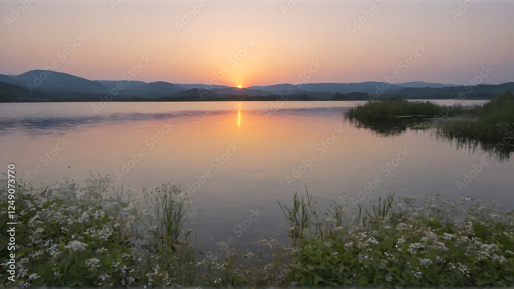 sunrise over lake with clean water with podmo flowers sunrise over lake with clean water with podmo flowers