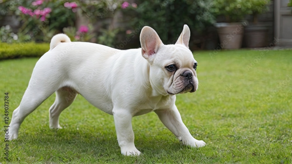 White french bulldog in the garden White french bulldog in the garden