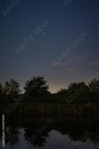 Komet Tsuchinshan-Atlas in der Nacht über einer Baumreihe photo