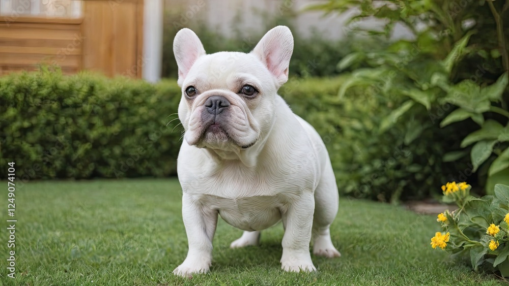 Fototapeta premium White french bulldog in the garden