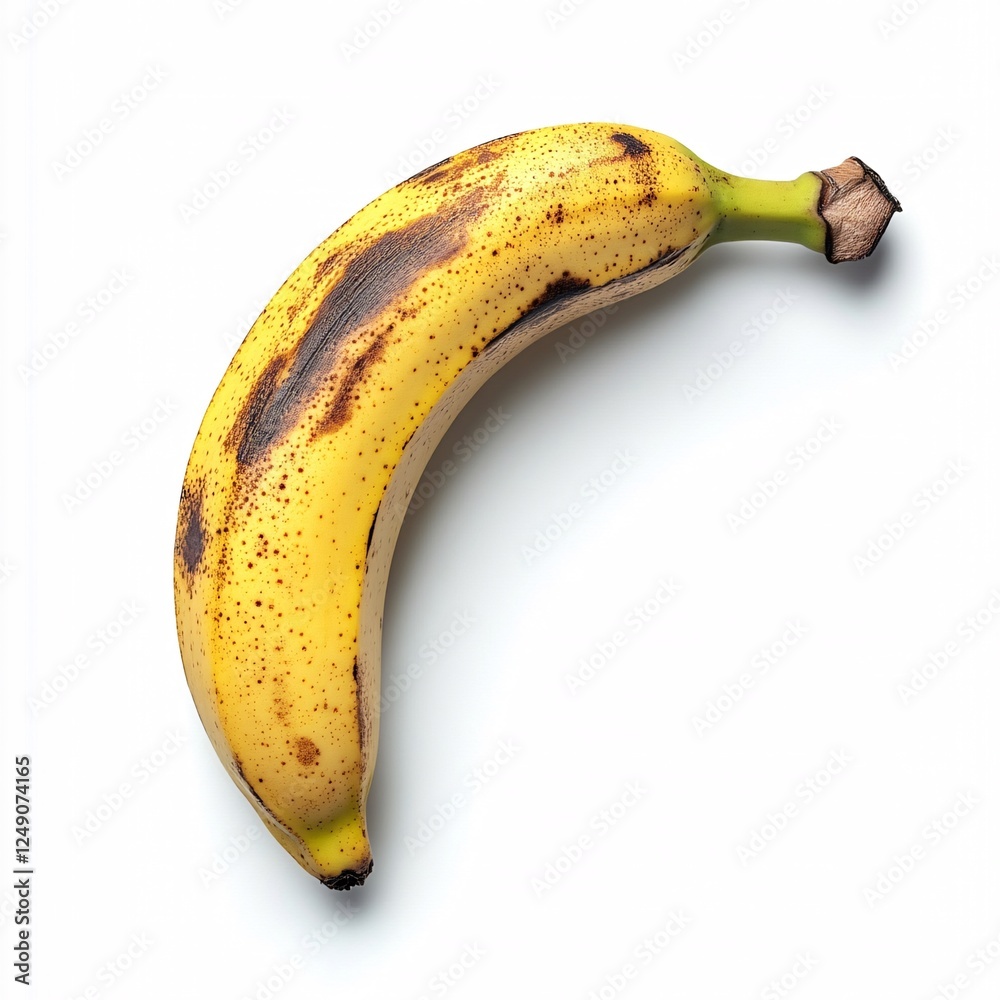 Whole Banana with Yellow Peel and Brown Spots Viewed from Above on a White Background Whole Banana with Yellow Peel and Brown Spots Viewed from Above on a White Background