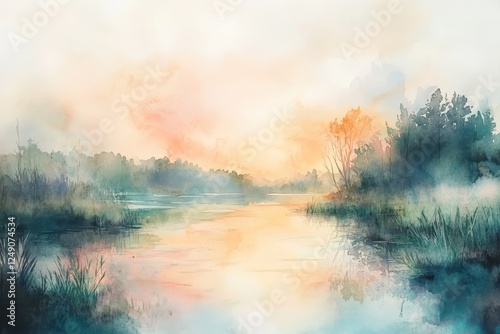 Serene waters reflect soft hues of sunrise over tranquil landscape in early morning light