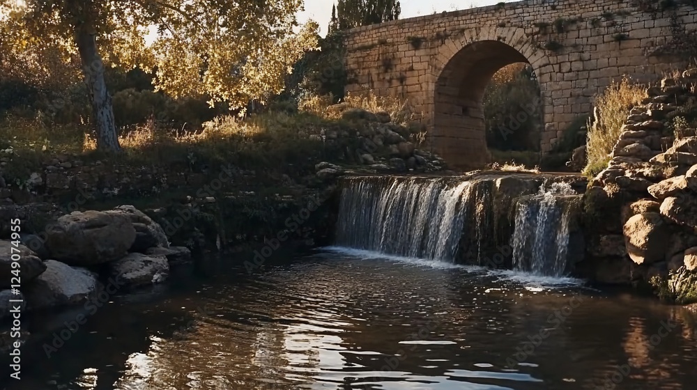 Autumnal waterfall flowing under ancient stone bridge Autumnal waterfall flowing under ancient stone bridge