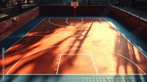 Basketball court with clean lines, shadow play