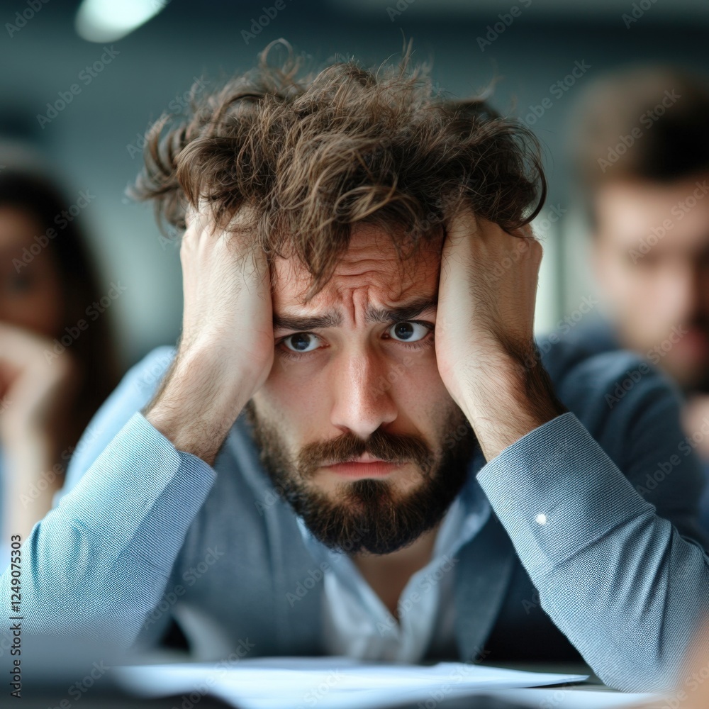 stressed man in office with hands on head stressed man in office with hands on head