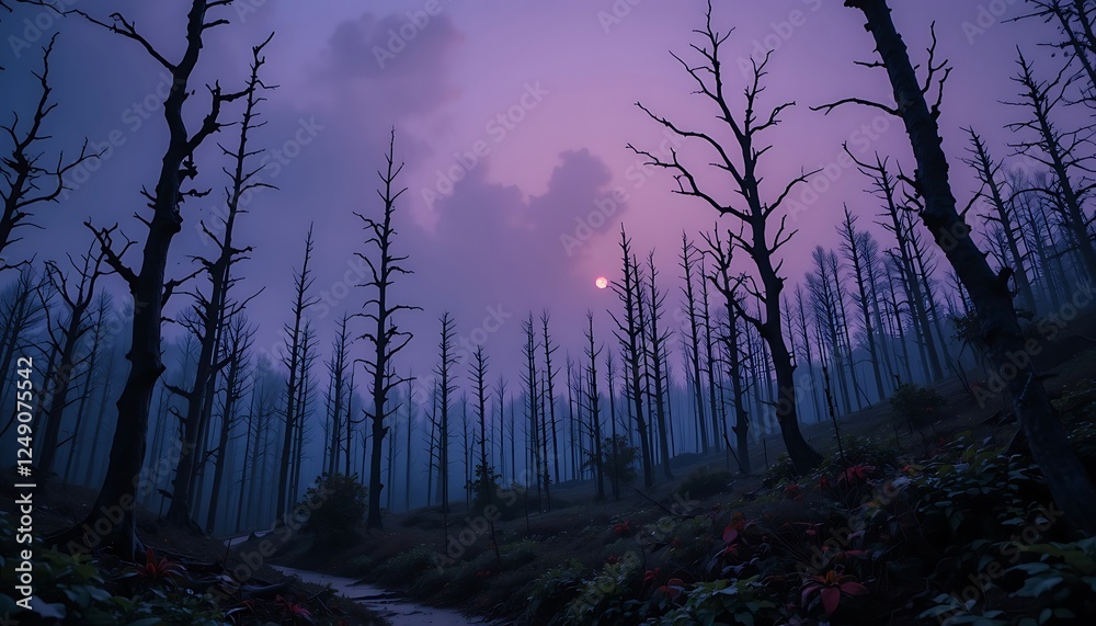 Fototapeta premium Eerie Forest Landscape with Dead Trees and Purple Haze at Dusk