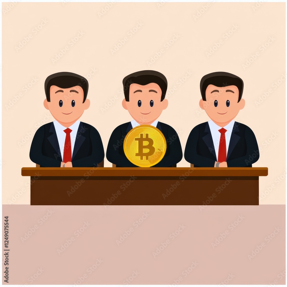 three cartoon men sitting at desk with bitcoin three cartoon men sitting at desk with bitcoin