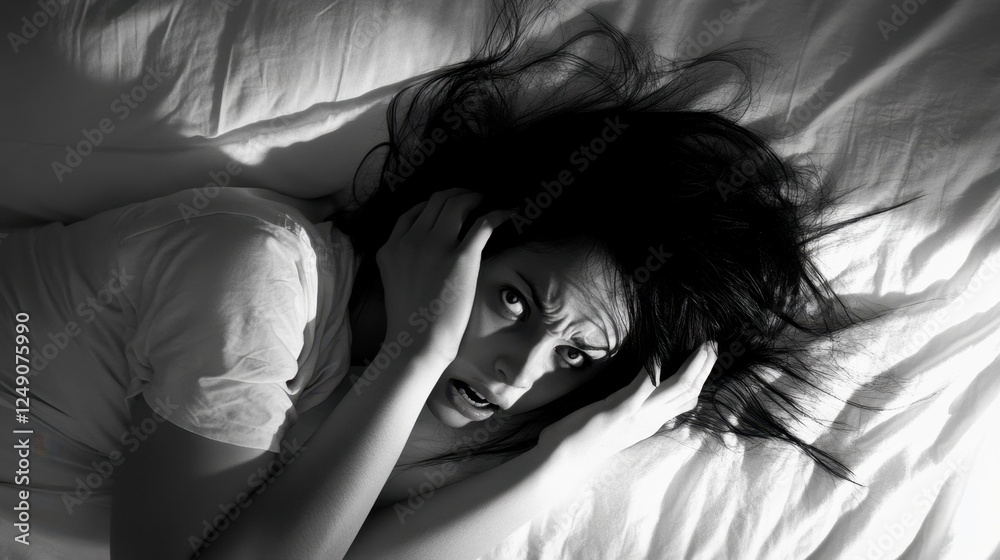 Woman lies in bed with a look of terror, gripping her head in distress Woman lies in bed with a look of terror, gripping her head in distress