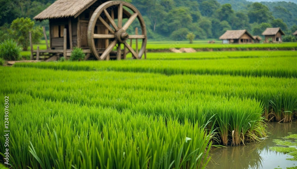 Lush green rice field with wooden water wheel Lush green rice field with wooden water wheel