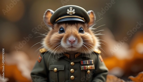 Hamster in Military Uniform Looking Forward with Serious Expression Outdoors