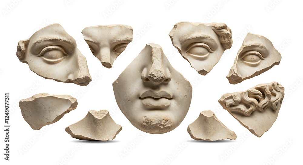 Naklejka premium Broken pieces of ancient Greek statue face isolated. Antique sculpture head broken fragments png. 