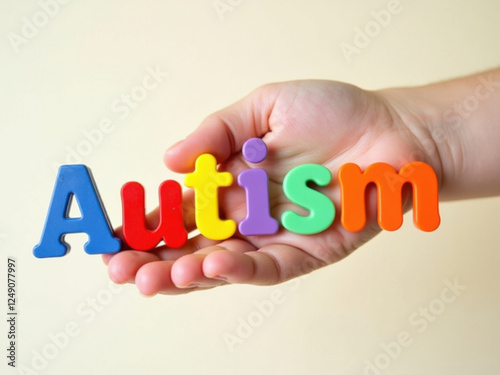 Una mano que muestra la palabra autismo en una tipografía colorida
 photo